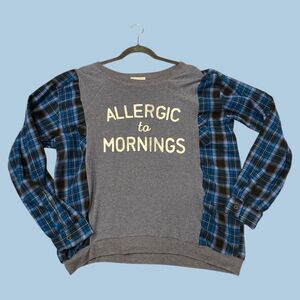 NWT Upcycled Flannel Sweatshirt allergic to mornings Pullover Rework Crewneck XL